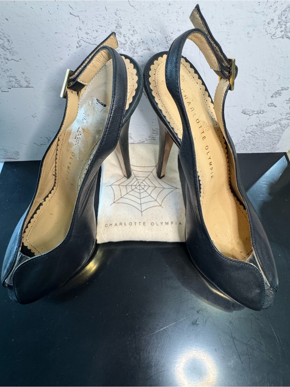 Charlotte Olympia Black Leather Peep-Toe Sling Back Heel Pumps stiletto,Size 37